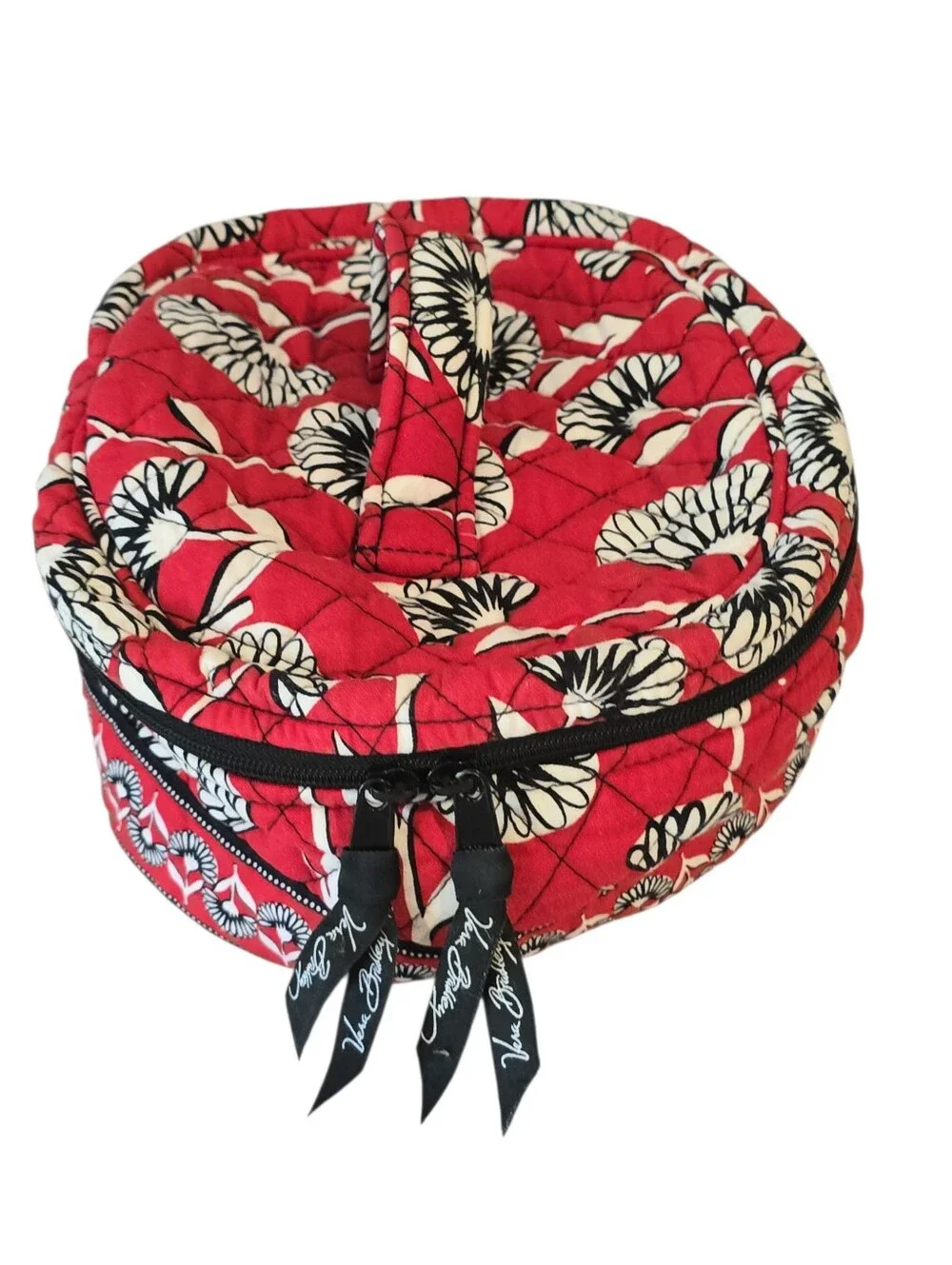 Vera Bradley Round Travel Cosmetic Bag Red Floral Quilted Makeup Toiletry Organi